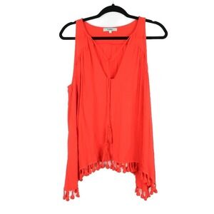 Karlie Womens Knit Tank L Orange V-Neck Shirt Tassels Retro Boho Festival Hippie
